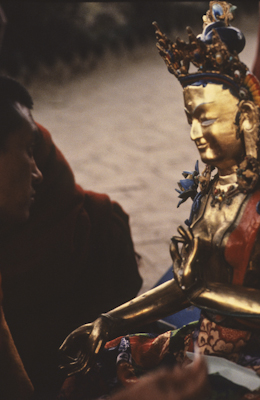 Lama Zopa Rinpoche painting Tara statue, Kopan Monastery, Nepal, 1976. Photo: Peter Iseli.