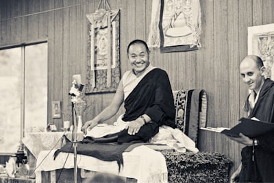 Lama Yeshe at Lake Arrowhead, California, in 1975, with a younger and more venerable Dr. Nick.  Photo: Carol Royce-Wilder. 