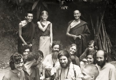 Lama Zopa Rinpoche and Lama Yeshe with students at Kopan Monastery, Nepal, 1971.