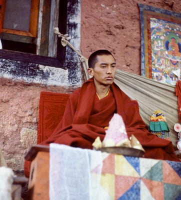 Lama Zopa Rinpoche at Lawudo Retreat Centre, Solu Khumbu, Nepal, 1979. Photo: Georges Luneau. 