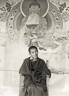 Portrait of Lama Zopa Rinpoche at Tushita Retreat Centre, Dharamsala, India, 1973. Photo: Brian Beresford.