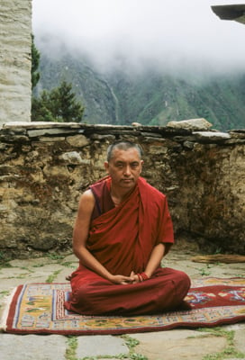 Lama Zopa Rinpoche at Lawudo Retreat Centre, Nepal, 1990. Photo: Merry Colony.