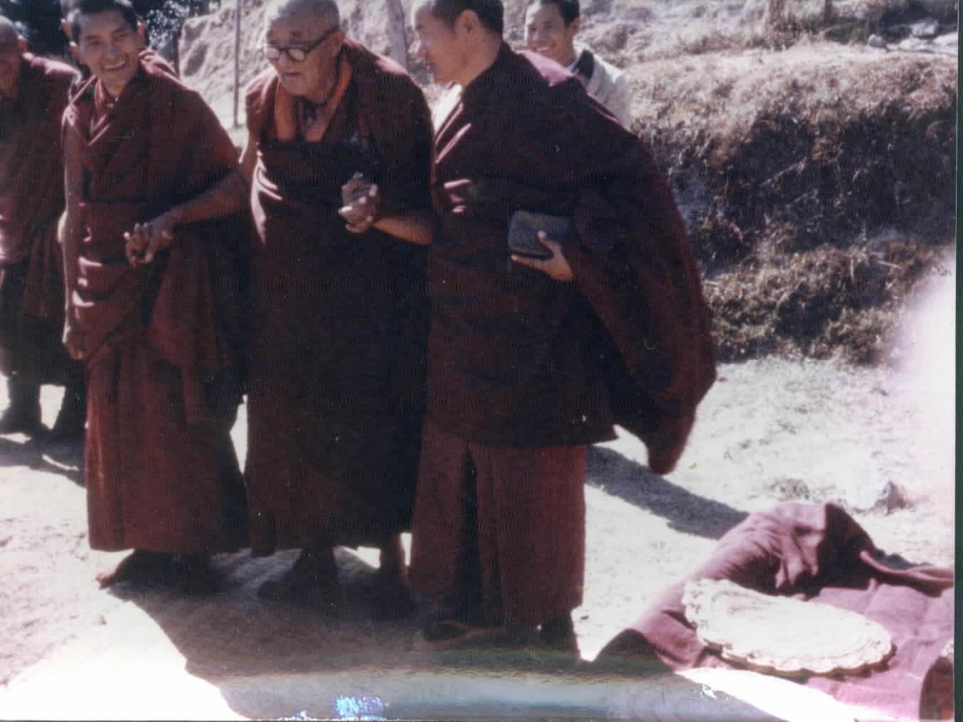 Lama Zopa Rinpoche and Lama Yeshe with the great yogi, Gomchen Gampala, who visited Kopan Monastery, Nepal, in January, 1975. 