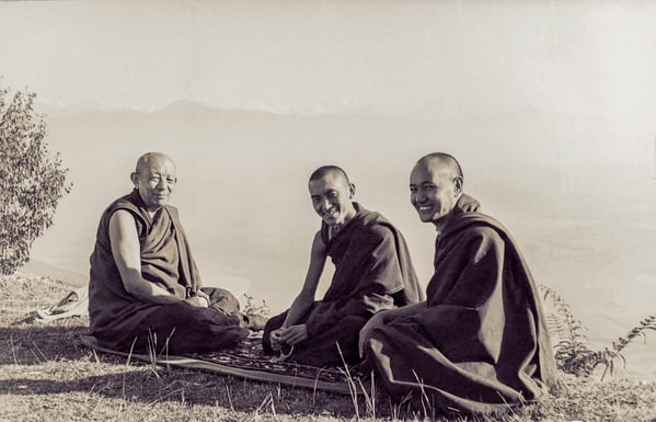 Tsenshab Serkong Rinpoche,  Lama Thubten Yeshe, and Lama Zopa Rinpoche, unknown photographer, Kopan Monastery, Nepal, 1977.