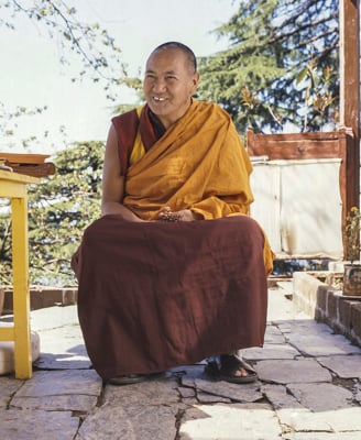 Lama Yeshe on the new retreat house balcony, Tushita Retreat Centre, Dharamsala, India, 1982. Photo: Jorge Zontal