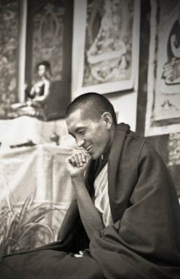 Lama Zopa Rinpoche teaching at Royal Holloway College, England, 1975. Photo: Dennis Heslop.