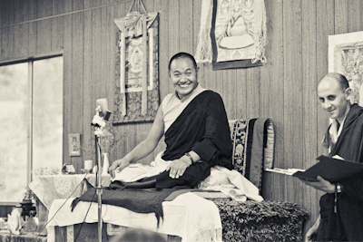 Lama Yeshe at Lake Arrowhead, California, in 1975, with a younger and more venerable Dr. Nick.  Photo: Carol Royce-Wilder. 