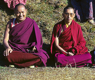 Lama Yeshe and Lama Zopa Rinpoche at the 8th Meditation Course, Kopan Monastery, Nepal, 1975.