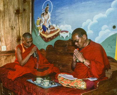 Lama Yeshe and Lama Zopa Rinpoche blessing Wongmo&#039;s retreat, Tushita Retreat Centre, Dharamsala, India, 1983. Photo: Ricardo de Aratanha.