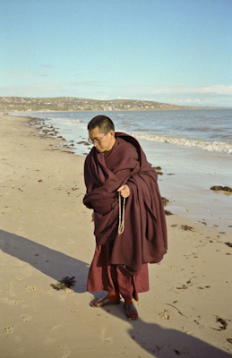 Lama Zopa Rinpoche at the beach, Adelaide, Australia, 1983. Photo by Wendy Finster.
