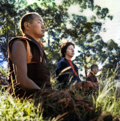 Lama Yeshe, Beatrice Ribush, and Lama Zopa Rinpoche in meditation on Saka Dawa, Chenrezig Institute, Australia, May 25, 1975. Photo: Wendy Finster.