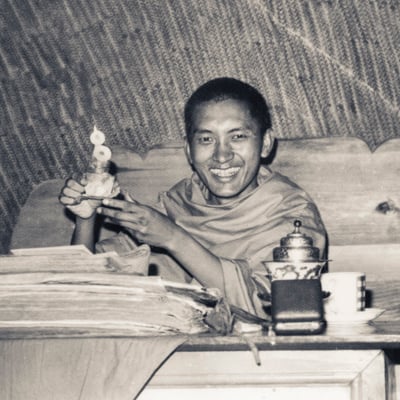 Lama Zopa Rinpoche in the cave of the Lawudo Lama, Solu Khumbu, Nepal, 1970. Photo: Robbie Solick.