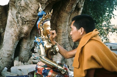 Lama Zopa Rinpoche painting Tara, Kopan Monastery, Nepal, 1976. Photo: Peter Iseli.