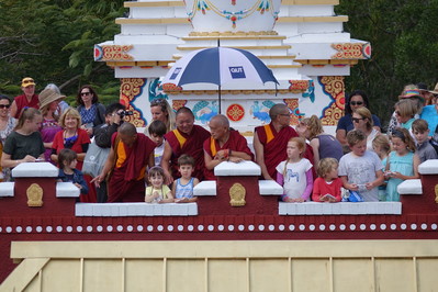 Lama Zopa Rinpoche releasing butterflies with children at Chenrezig Institute, Eudlo, Australia, September 2014. Photo: Ven. Roger Kunsang.