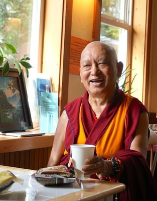 Lama Zopa Rinpoche in a coffee shop in Tonasket, USA, September 2016. Photo: Lobsang Sherab.