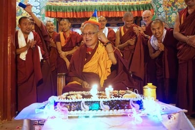 Monks wishing Lama Zopa Rinpoche a happy birthday at Kopan Monastery, Nepal, December 2016. Photo: Ven. Lobsang Sherab.