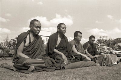 Lama Yeshe, Geshe Tegchok, Jamyang Rinpoche, and Lama Zopa Rinpoche at Manjushri Institute, England, 1979. Photo: Brian Beresford.