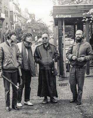 Lama Yeshe with Margot and Jan-Paul Kool, and Corine Terstegge, Amsterdam, 1980.