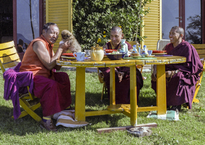 Lama Yeshe with Yeshe (the dog), Lama Zopa Rinpoche and Geshe Jampa Gyatso, Istituto Lama Tzong Khapa, Pomaia, Italy, 1983.