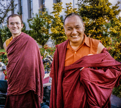 Stephen Batchelor and Lama Yeshe at Tibet Institute, Rikon, Switzerland, 1978. Photo: Fred von Allmen.