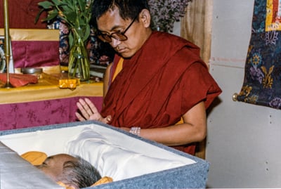 Lama Zopa Rinpoche with Lama Yeshe before the cremation, Vajrapani Institute, California, 1984. Photo: Ricardo de Aratanha.