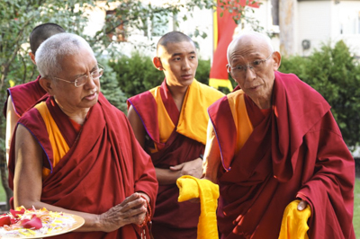 Lama Zopa Rinpoche blessing the Kalachakra Stupa at Kurukulla Center along with Geshe Tsulga and Geshe Tenley, Medford, Massachusetts, 2010. Photo by Wendy Cook.