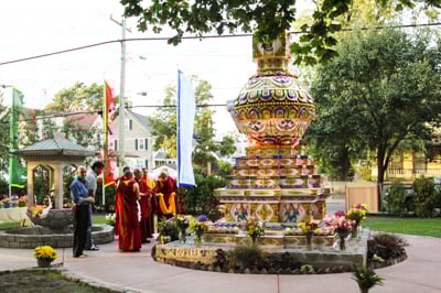 Lama Zopa Rinpoche blessing the Kalachakra Stupa at the Kurukulla Center, MA, 2010. Photo: Wendy Cook.