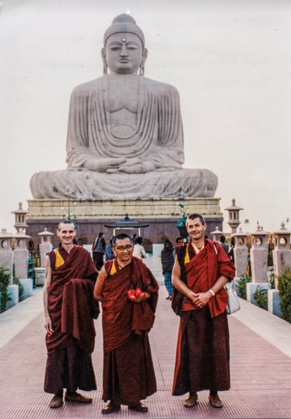 Lama Zopa Rinpoche with Roger Kunsang and Marcel Bertels, Bodhgaya, India, 1991. Photo: Marcel Bertels (donor).