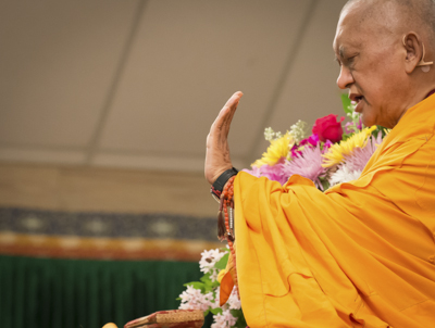 Lama Zopa Rinpoche teaching at the Light On the Path retreat, North Carolina, spring 2014. Photo: Roy Harvey.