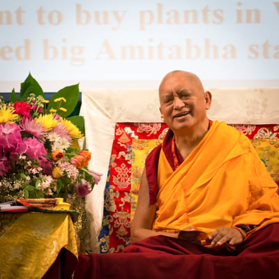 Lama Zopa Rinpoche at Light of the Path retreat, North Carolina, USA, May 2014. Photo: Roy Harvey.