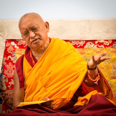 Lama Zopa Rinpoche teaching at Light On the Path retreat in North Carolina, spring 2014. Photo by Roy Harvey.