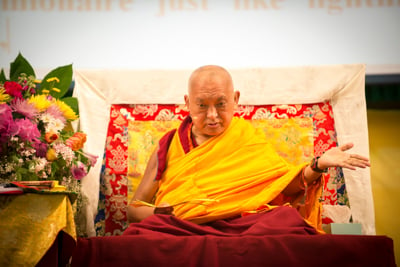 Lama Zopa Rinpoche at the Light of the Path retreat in North Carolina, spring 2014. Photo by Roy Harvey.