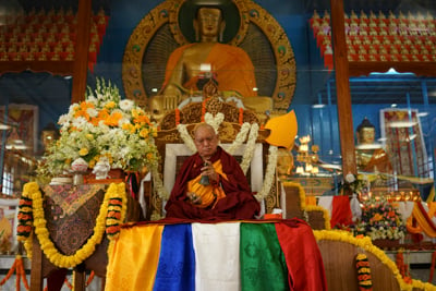 Lama Zopa Rinpoche at Sera Je Monastery, India, 2013. Photo: Bill Kane.