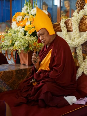 Lama Zopa Rinpoche at Sera Je Monastery, India, December 2013.