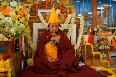 Lama Zopa Rinpoche at Sera Je Monastery, India, 2014. Photo: Bill Kane.