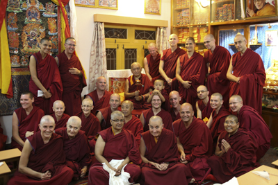 Lama Zopa Rinpoche with Sangha at IMI House, Sera Je Monastery, India, in December 2013. Photo: Ven. Thubten Kunsang (Henri Lopez).