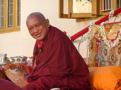 Lama Zopa Rinpoche at IMI House, Sera Je Monastery, Mysore, India, 2014. Photo: Ani Thubten Pema. 