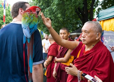 Animal blessing by Lama Zopa Rinpoche at Kurukulla Center, Massachusetts, 2007. Photo: Lorraine Greenfield.