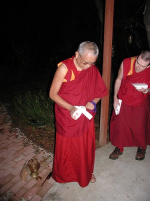Lama Zopa Rinpoche shows how to use the animal catcher he designed for saving insects' lives, Aptos, CA.