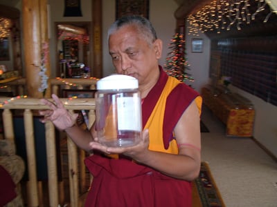 Lama Zopa Rinpoche takes rescued insects around holy objects at Buddha Amitabha Pure Land, Washington State, USA