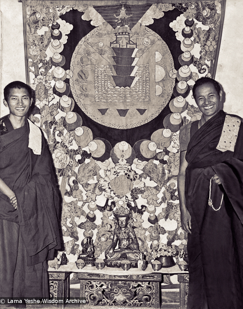 (00004_ud-Edit.psd) Lama Zopa Rinpoche  and Lama Yeshe with a mandala applique thangka in the &quot;old gompa&quot;, Kopan Monastery, 1970.