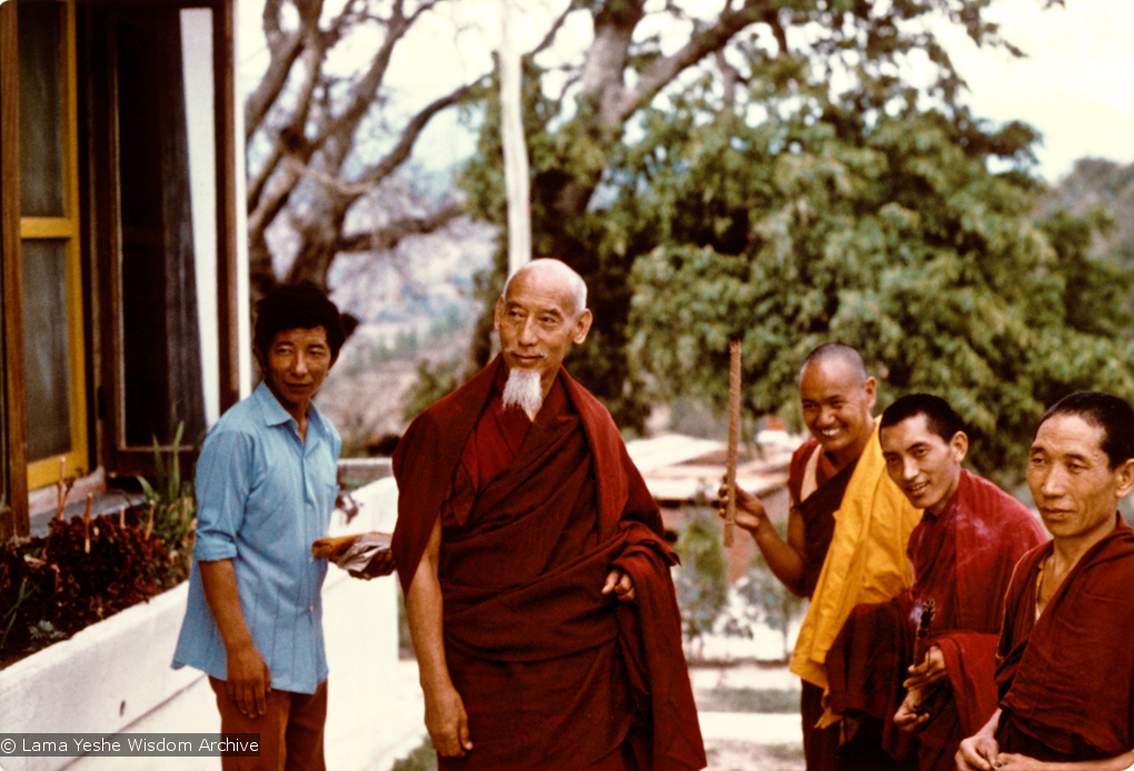 (00617_ud-2.psd) In April of 1974, H. H. Zong Rinpoche, a senior lama and teacher for Lama Yeshe, visited Kopan Monastery, Nepal, in time to give teachings during the last week of the Sixth Meditation Course. Photo includes Lama Yeshe and Lama Zopa Rinpoche.