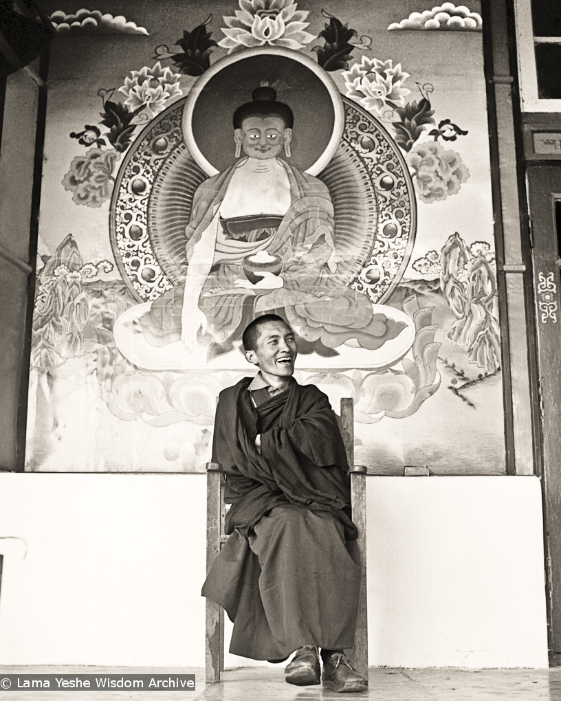 (00956_ud-3.psd) Portrait of Lama Zopa Rinpoche at Tushita Retreat Centre, Dharamsala, India, 1973. In 1972, along with a few of their Western students, Lamas Yeshe and Zopa bought an old colonial house on a hill above McLeod Ganj in Dharamsala, India, and there founded Tushita Retreat Centre.