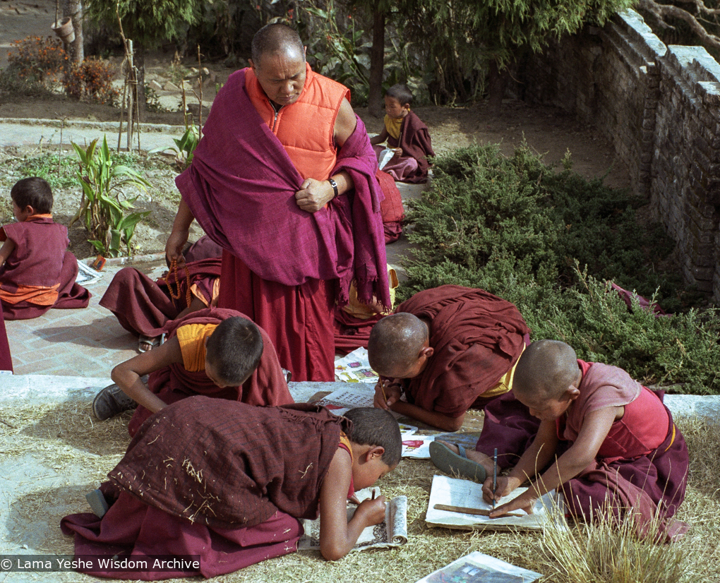 (03591_ng-3.JPG) Art class with Lama Yeshe and the Mount Everest Center students, Kopan Monastery, Nepal, 1981.  Jan-Paul Kool (photographer)