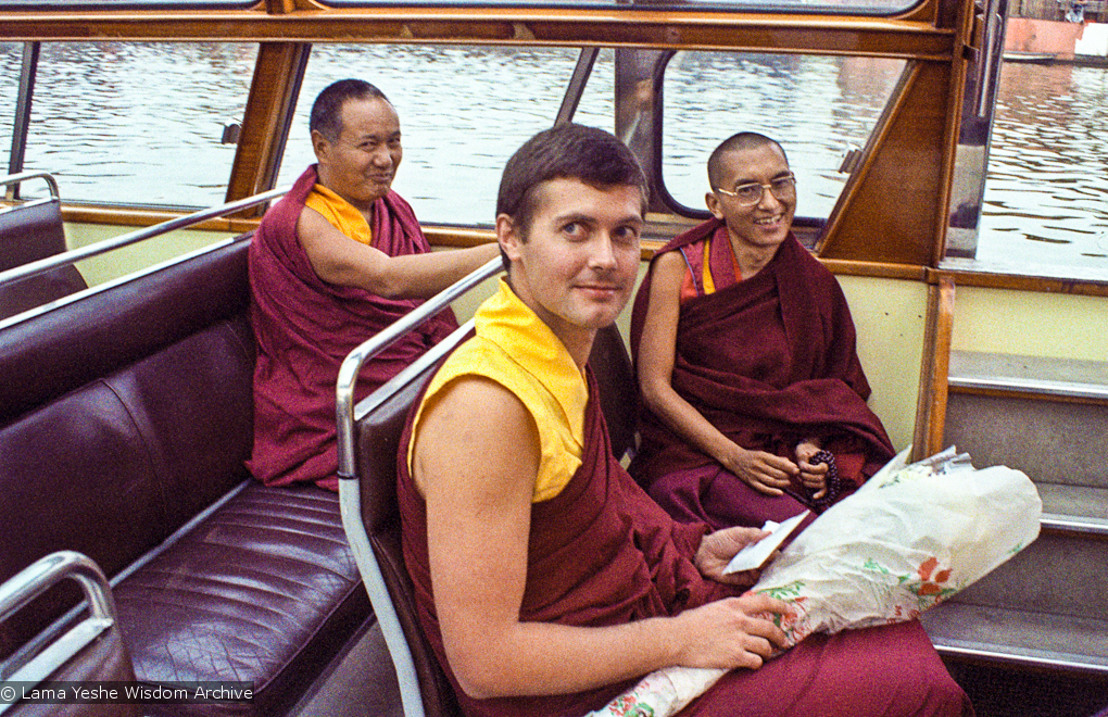 (03809_ng-2.psd) Lama Yeshe, Lama Zopa Rinpoche and Marcel Bertels  on a canal boat ride in Amsterdam, 1979.  Photo by Jan-Paul Kool.