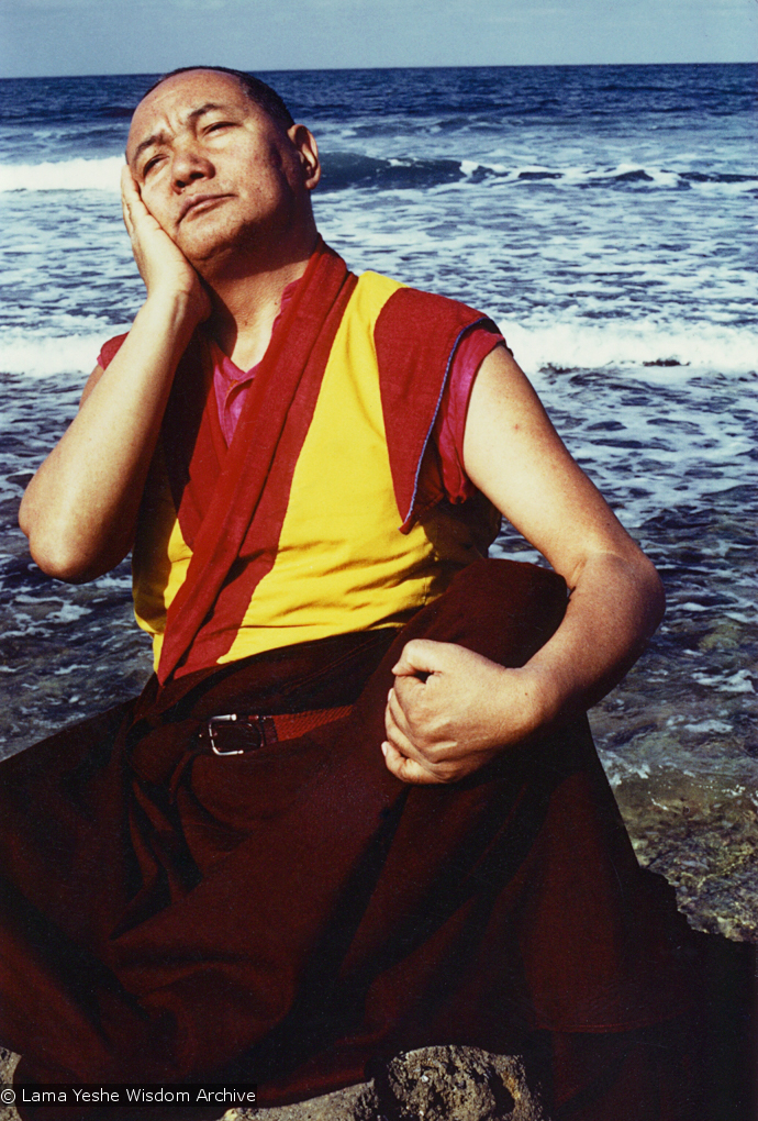 (05318_pr-2.psd) Portraits of Lama Yeshe meditating by the ocean, Sicily, 1983. Photos by Jacie Keeley.
