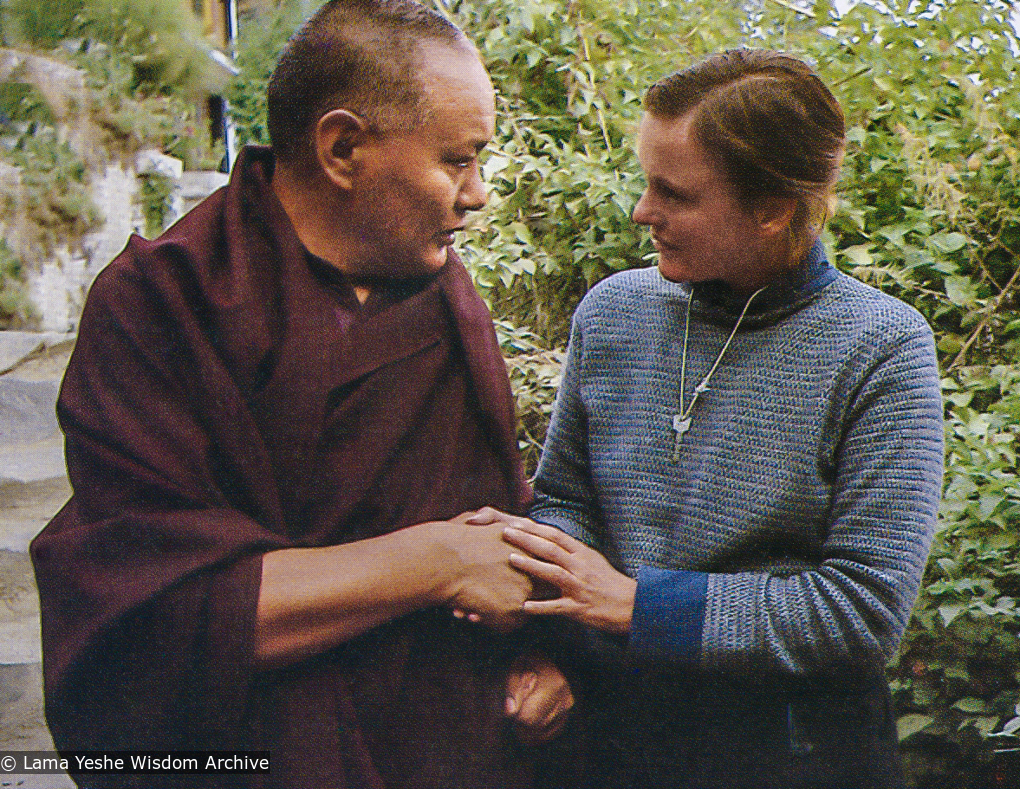 (05379_pr-3.psd) Lama Yeshe with Vicki Mackenzie, Kopan Monastery, Nepal, 1983. Vicki Mackenzie: It was December 1983 after Lama&#039;s last  teaching in Kopan, and was taken as he stepped outside the tent, after his last teachings on Bodhicitta.  He was spent, so ill. I took his hands. He asked what he could do for me. I was aghast.&quot;No, Lama, what can I do for you?,&quot; I replied. Lama thought for a while and said &quot;Give my love to all my brothers and sisters in England.&quot;