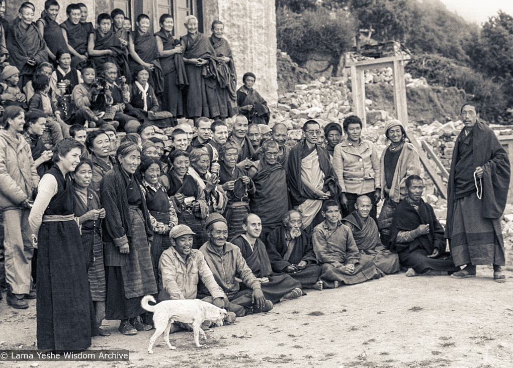 (06067_ng-3.jpg) Group photo at Lawudo including Thubten Chodron (Cherry Greene), Harry Sutton, Helmut Hohm, Kyabje Zopa Rinpoche, Nick Ribush, Scott Brusso, Thubten Wongmo (Feather Meston), Lawudo Retreat Center, Nepal, 1977.