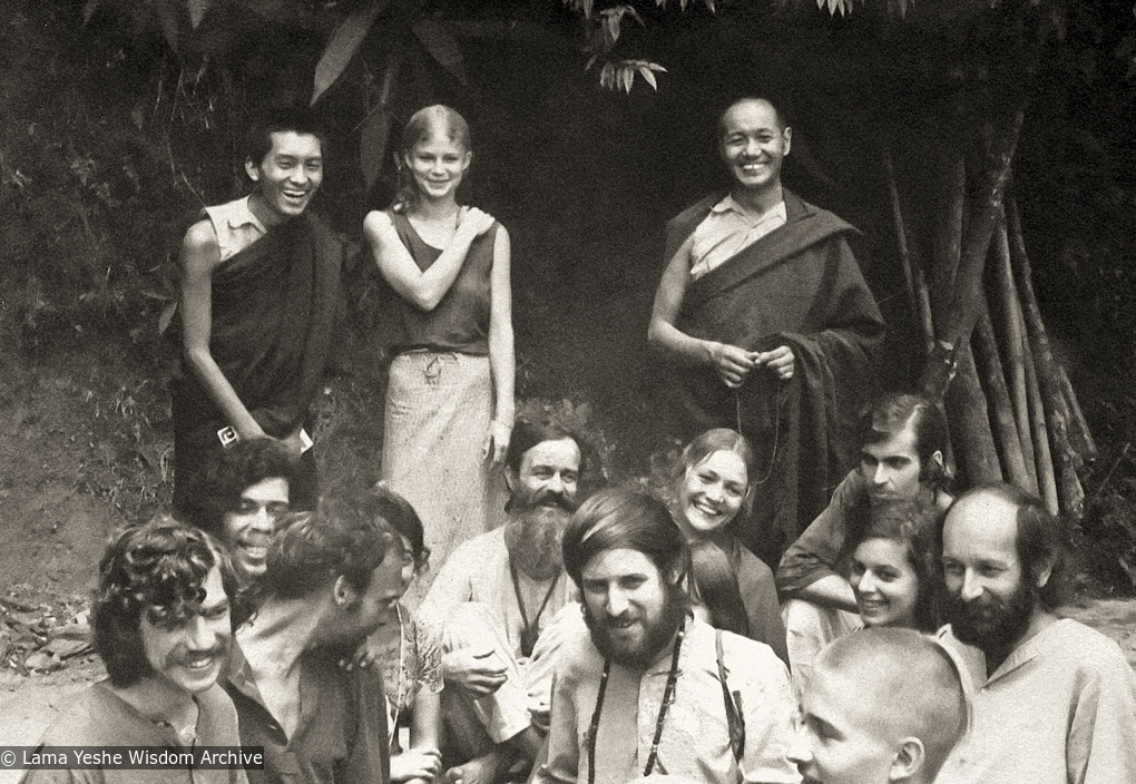 (06978_pr-1.tif) Lama Zopa Rinpoche and Lama Yeshe with students (including Lena from Denmark, Michael Hollingshead (far right), Carolyn Brown and Åge Delbanco seated in the rear, Kopan Monastery, Nepal, 1970.