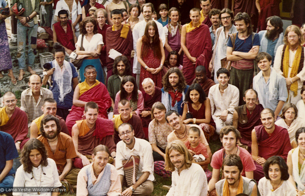 (07023_pr-2.psd) Photo from a course at Tushita Retreat Centre, Dharamsala, India, in June of 1975, taught by Geshe Rabten and translated by Gonsar Tulku. Geshe Rabten is seated and Gonsar Tulku is standing to the right of him. Many of Lama&#039;s students are in the group including Ursula Bernis, Steve Malasky (Steve Pearl), Massimo Corona, and Piero Cerri. Photo by Dan Laine.